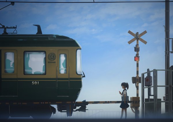 Anime picture 3508x2480 with original ipod mitsuki (yu hsiang yi) highres brown hair absurdres sky ponytail profile solo focus walking silhouette twilight railroad crossing girl uniform serafuku bag school bag shoulder bag