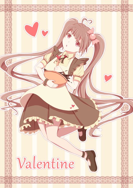 Anime picture 2480x3508 with original yume ayaya single tall image looking at viewer fringe highres open mouth brown hair twintails brown eyes ahoge very long hair head tilt :o short sleeves puffy sleeves frilled dress framed valentine