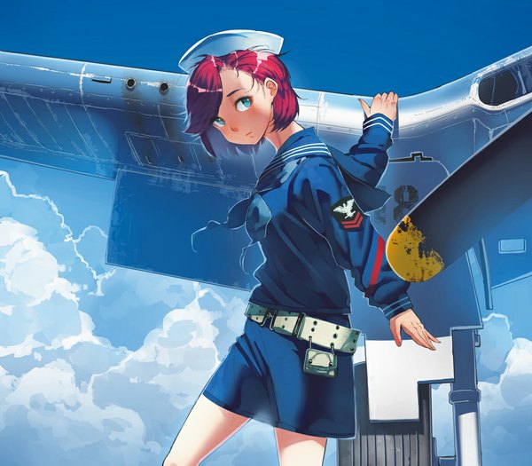 Anime picture 1000x876 with original siqi (miharuu) single looking at viewer short hair blue eyes sky cloud (clouds) red hair skirt sailor suit aircraft airplane