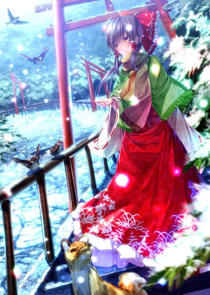Anime picture 1000x1405 with touhou hakurei reimu ryosios single long hair tall image blush brown hair brown eyes looking away ahoge traditional clothes japanese clothes snowing winter miko girl bow hair bow animal