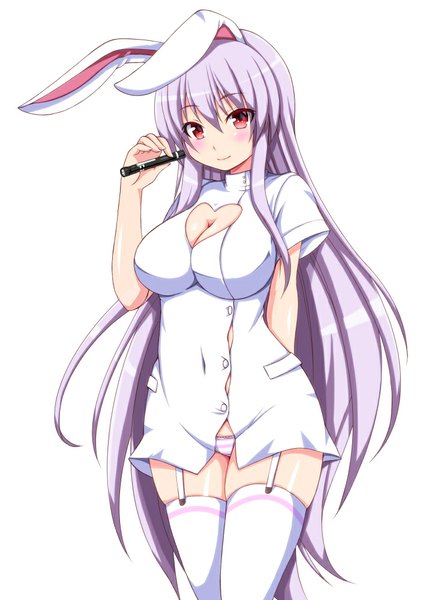Anime picture 705x1000 with touhou reisen udongein inaba ebi 193 single tall image light erotic simple background smile red eyes standing white background animal ears cleavage purple hair very long hair short sleeves bunny ears pantyshot nurse girl