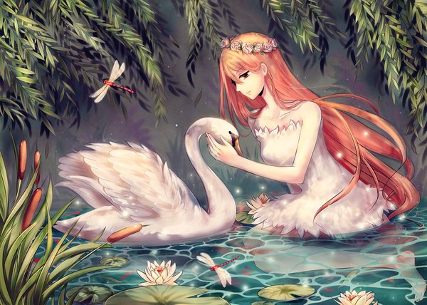 Anime picture 1024x731 with original illycia (artist) single long hair bare shoulders brown eyes barefoot orange hair bare legs wet girl flower (flowers) animal water bird (birds) insect fish (fishes) wreath water lily dragonfly