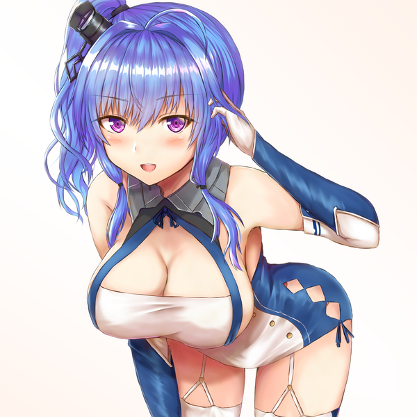 Anime picture 1536x1536 with azur lane st. louis (azur lane) buran (22x) single long hair blush fringe breasts open mouth light erotic simple background hair between eyes white background purple eyes blue hair cleavage ahoge leaning leaning forward huge breasts