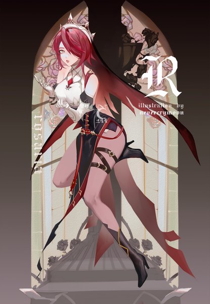 Anime picture 1000x1446 with genshin impact rosaria (genshin impact) nevercrymoon single tall image looking at viewer fringe short hair breasts light erotic brown eyes signed bent knee (knees) red hair parted lips hair over one eye high heels character names gradient background side slit