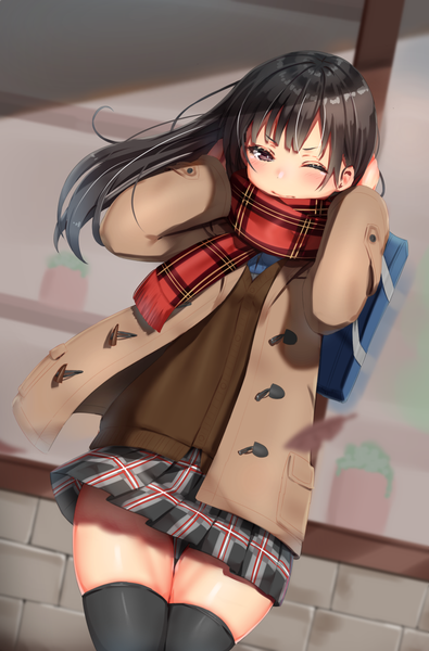 Anime picture 855x1299 with original reinama single long hair tall image looking at viewer blush fringe black hair standing brown eyes long sleeves pleated skirt one eye closed wind open clothes arms up dutch angle zettai ryouiki thigh gap