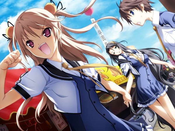 Anime picture 1024x768 with baldr (series) baldr sky baldr sky dive 2 giga minazuki sora nishino aki open mouth black hair blonde hair red eyes brown hair multiple girls green eyes game cg two side up girl boy uniform hair ornament ribbon (ribbons)