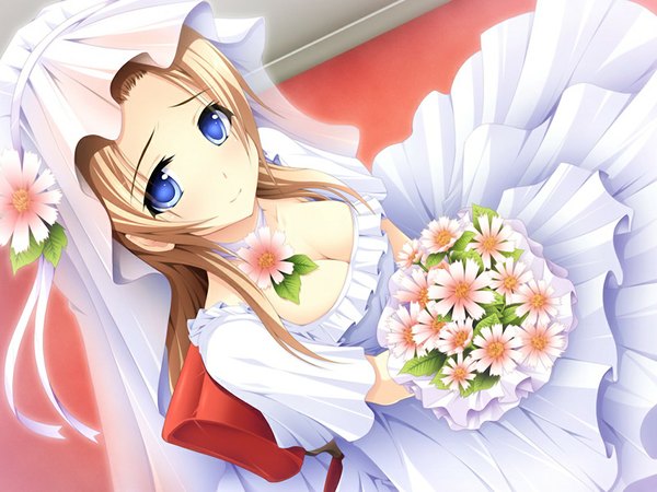 Anime picture 1024x768 with duelist x engage tagme (character) nozaki hinagiku long hair blue eyes smile brown hair game cg girl dress flower (flowers) bouquet wedding dress