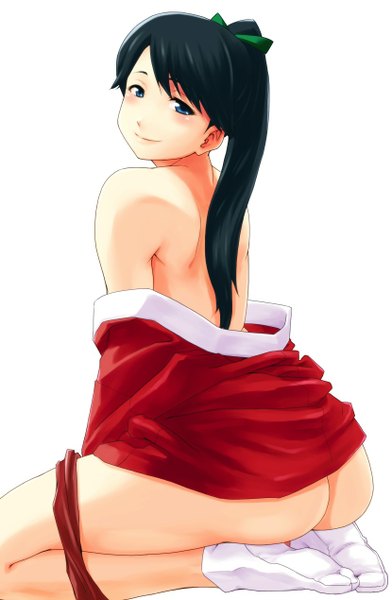 Anime picture 830x1270 with kantai collection houshou light aircraft carrier takayama chihiro (artist) long hair tall image blue eyes light erotic black hair smile ass ponytail traditional clothes japanese clothes off shoulder girl ribbon (ribbons)