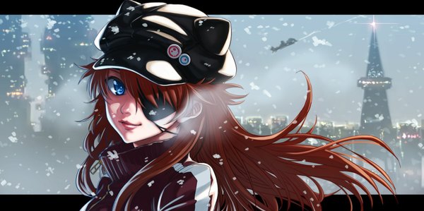 Anime picture 1701x850 with neon genesis evangelion gainax soryu asuka langley puma (hyuma1219) single long hair looking at viewer fringe highres blue eyes smile wide image animal ears sky wind cat ears hair over one eye orange hair city border