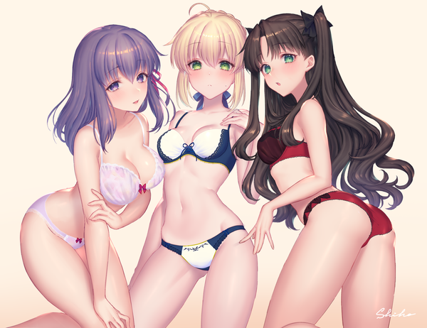 Anime picture 1517x1169 with fate (series) fate/stay night artoria pendragon (all) toosaka rin matou sakura sakura shiho long hair looking at viewer blush fringe short hair breasts open mouth light erotic black hair blonde hair simple background smile hair between eyes large breasts