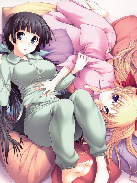 Anime picture 3260x4363 with maji de watashi ni koi shinasai! mayuzumi yukie christiane friedrich long hair tall image highres blue eyes light erotic black hair blonde hair multiple girls absurdres girl 2 girls pillow pajamas