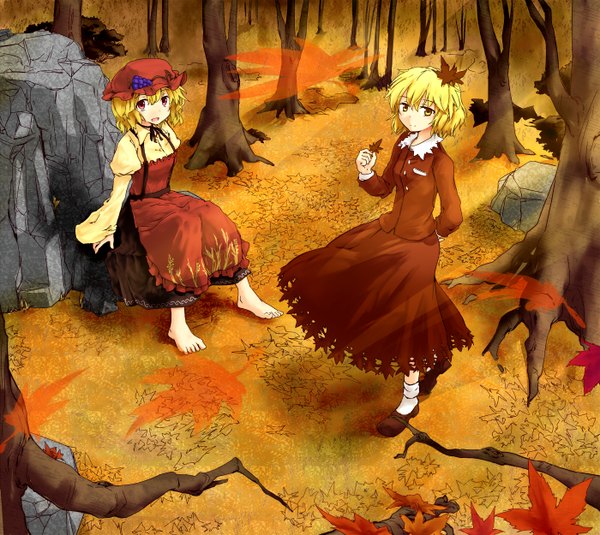 Anime picture 1400x1250 with touhou aki minoriko aki shizuha araco short hair open mouth blonde hair smile red eyes standing sitting multiple girls yellow eyes barefoot siblings nature girl dress 2 girls plant (plants)