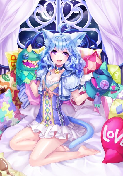 Anime picture 600x857 with original bbbox (hotpppink) single long hair tall image looking at viewer fringe open mouth smile purple eyes animal ears blue hair tail animal tail cat ears cat girl cat tail legs girl pillow