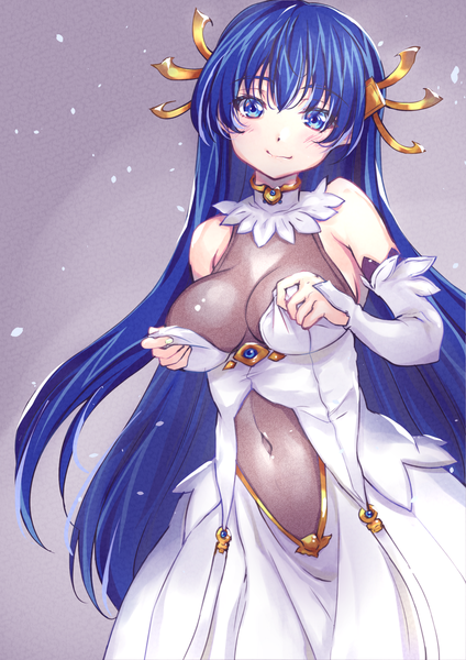 Anime picture 1488x2105 with rance (series) rance 6 lia parapara leazas wochi single long hair tall image looking at viewer blush fringe breasts blue eyes light erotic simple background smile hair between eyes large breasts standing bare shoulders blue hair