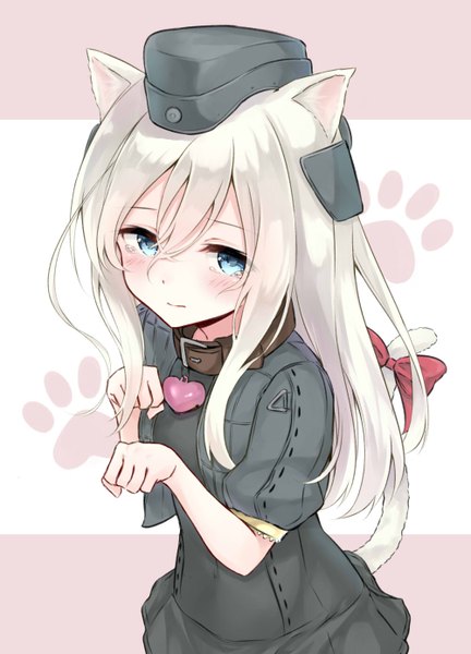 Anime picture 1000x1388 with kantai collection u-511 submarine azuuru single long hair tall image looking at viewer blush blue eyes animal ears white hair tail animal tail from above cat ears short sleeves cat girl cat tail puffy sleeves tears