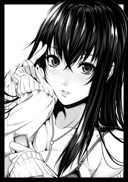 Anime picture 635x903 with original zucchini single long hair tall image looking at viewer fringe breasts light erotic black hair simple background large breasts white background long sleeves parted lips light smile border monochrome girl lingerie