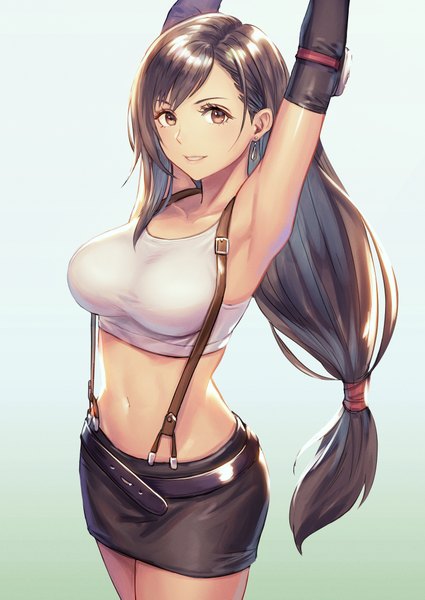 Anime picture 2896x4093 with final fantasy final fantasy vii square enix tifa lockhart anbe yoshirou single long hair tall image looking at viewer blush highres breasts light erotic simple background smile brown hair standing brown eyes parted lips arms up