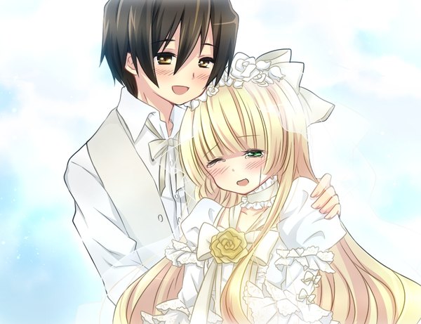 Anime picture 986x758 with gosick studio bones victorique de blois kujou kazuya harugamitsu long hair blush fringe short hair open mouth black hair blonde hair hair between eyes brown eyes green eyes yellow eyes payot sky cleavage blunt bangs