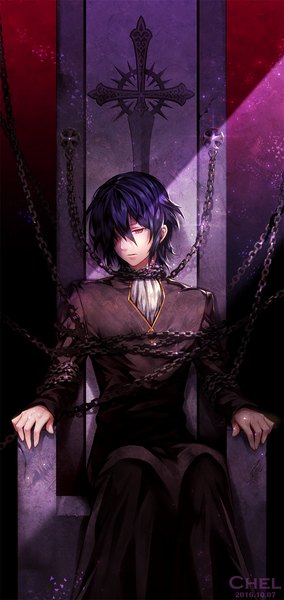 Anime picture 850x1796 with noblesse cadis etrama di raizel chel9 single tall image fringe short hair black hair hair between eyes red eyes sitting signed looking away long sleeves parted lips sunlight hair over one eye turning head dated bondage