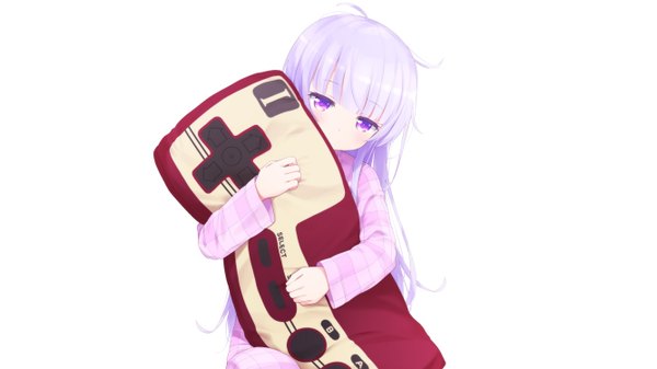 Anime picture 1333x750 with new game! nintendo doga kobo suzukaze aoba haribote (tarao) single long hair blush fringe simple background wide image white background sitting purple eyes payot purple hair ahoge head tilt hug looking down