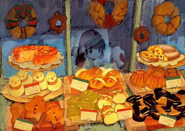 Anime picture 2047x1447 with original qooo003 highres short hair black hair outdoors black eyes holding hands christmas solo focus winter against glass girl food window sweets cookie (cookies) bread shop cupcake