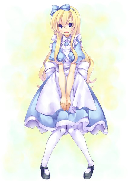 Anime picture 707x1000 with alice in wonderland alice (wonderland) ichijou hitoshi single long hair tall image looking at viewer blush open mouth blue eyes blonde hair knees together feet apart girl dress bow hair bow