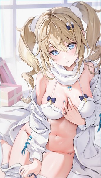 Anime picture 2286x4000 with genshin impact barbara (genshin impact) houkisei single long hair tall image looking at viewer blush fringe highres breasts blue eyes light erotic blonde hair hair between eyes large breasts sitting twintails payot indoors