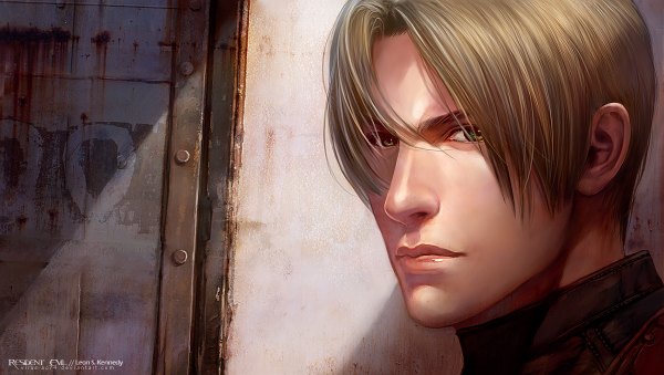 Anime picture 1200x678 with resident evil leon s. kennedy virus-ac74 single short hair brown hair wide image green eyes lips realistic face boy door