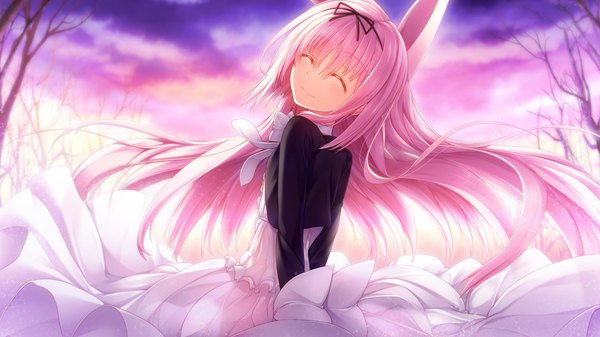 Anime picture 1280x720 with gleam garden no shoujo luna (gleam garden no shoujo) char single long hair blush smile wide image animal ears pink hair game cg cloud (clouds) eyes closed looking back bunny ears hands behind back girl dress