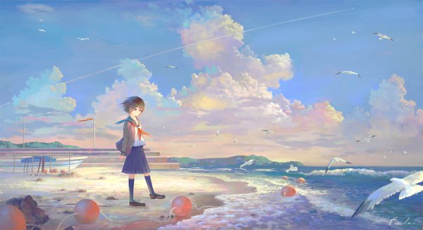 Anime picture 2562x1399 with original feel (nasitaki) single looking at viewer fringe highres short hair brown hair wide image standing brown eyes signed sky cloud (clouds) full body outdoors pleated skirt wind beach sand