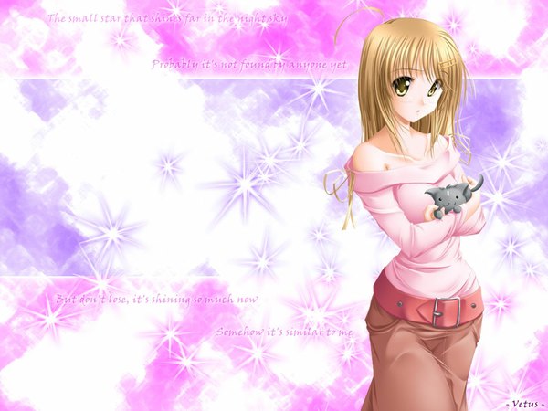 Anime picture 1024x768 with blonde hair bare shoulders yellow eyes girl animal belt cat