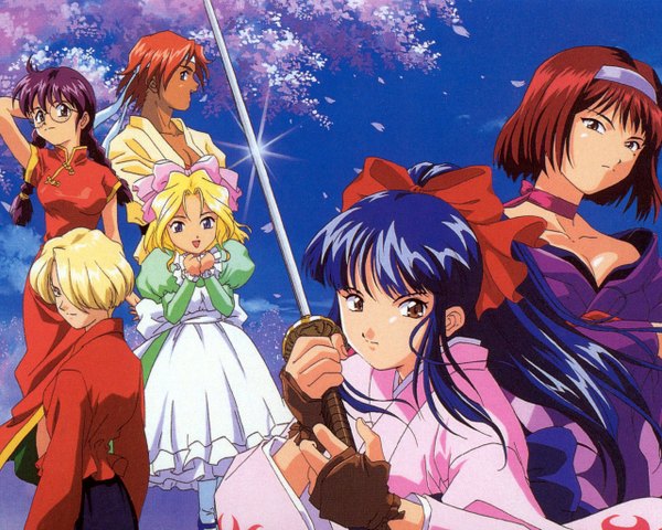 Anime picture 1280x1024 with sakura taisen shinguuji sakura iris chateaubriand kanzaki sumire maria tachibana ri kouran kirishima kanna long hair fringe short hair breasts blonde hair brown hair large breasts multiple girls brown eyes blue hair cleavage purple hair ponytail