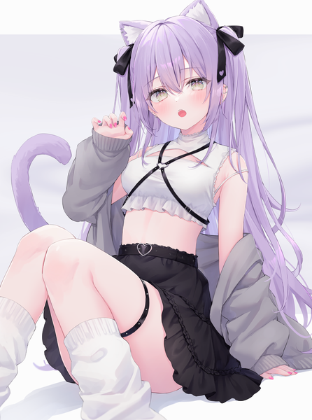 Anime picture 1408x1893 with original shano hiyori single long hair tall image looking at viewer blush fringe open mouth light erotic simple background hair between eyes sitting bare shoulders animal ears yellow eyes purple hair tail long sleeves nail polish