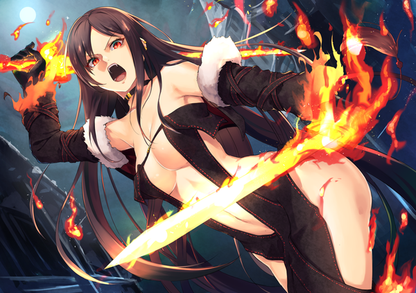 Anime picture 1417x1000 with fate (series) fate/grand order yu mei-ren (fate) shimozuki shio single long hair looking at viewer fringe breasts light erotic red eyes brown hair bare shoulders holding payot off shoulder night :o night sky fur trim