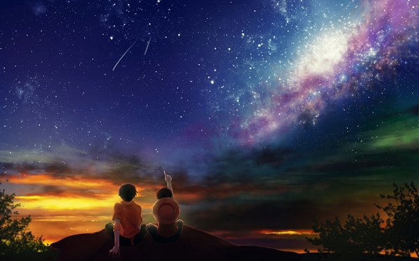 Anime-Bild 1000x624 mit one piece toei animation monkey d. luffy portgas d. ace siriusplanet short hair brown hair wide image sitting sky cloud (clouds) from behind multiple boys back evening sunset pointing shooting star boy plant (plants)