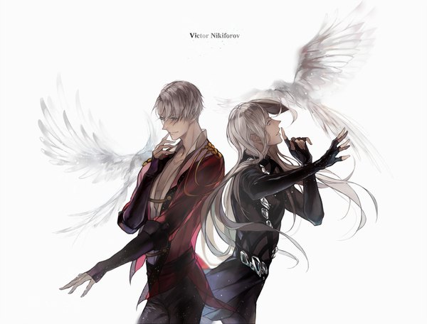 Anime picture 1447x1100 with yuri!!! on ice mappa viktor nikiforov hz (pixiv495788) long hair short hair simple background white background looking away profile aqua eyes light smile grey hair multiple boys character names floating hair finger to mouth outstretched hand back to back dual persona