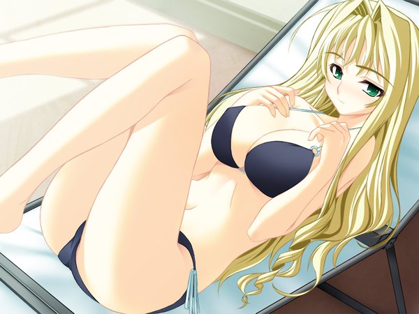 Anime picture 1200x900 with light erotic blonde hair green eyes game cg beach girl swimsuit bikini black bikini