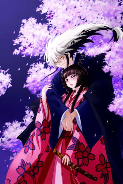 Anime picture 1000x1494 with nurarihyon no mago nurarihyon youhime hao-hime long hair tall image open mouth black hair smile brown eyes yellow eyes white hair japanese clothes multicolored hair coloring cherry blossoms face paint girl boy plant (plants)
