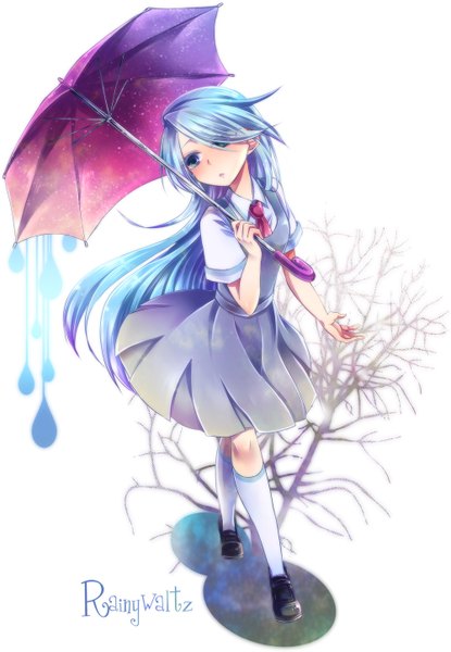 Anime picture 1000x1445 with pop'n music pixiv aoki shouko moegi (honey 122) single long hair tall image blue eyes blue hair text walking bare tree girl skirt uniform school uniform water socks necktie umbrella