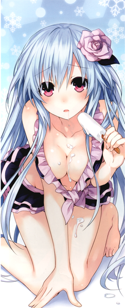 Anime picture 976x2393 with fairy fencer f tiara (fairy fencer f) tsunako single long hair tall image looking at viewer fringe breasts light erotic hair between eyes large breasts bare shoulders holding bent knee (knees) head tilt pink eyes hair flower hair over one eye open clothes