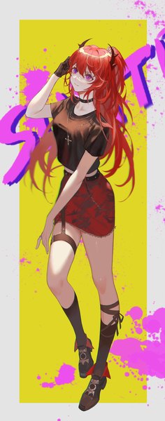Anime picture 3431x8722 with arknights surtr (arknights) surtr (liberte echec) (arknights) heijiaoshutiao single long hair tall image looking at viewer fringe highres breasts simple background hair between eyes standing purple eyes payot absurdres full body bent knee (knees) red hair