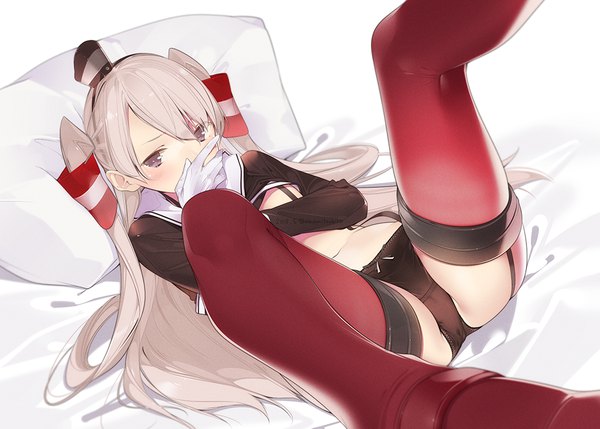 Anime picture 1100x788 with kantai collection amatsukaze destroyer ama mitsuki single long hair looking at viewer blush fringe light erotic hair between eyes bent knee (knees) grey hair grey eyes two side up spread legs covered mouth legs up girl thighhighs gloves