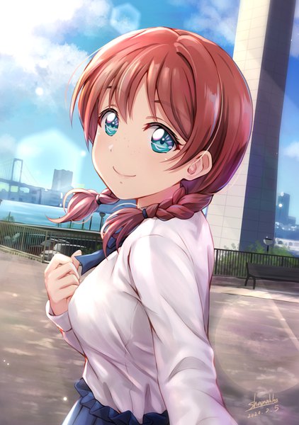 Anime picture 1274x1812 with love live! nijigasaki high school idol club love live! emma verde shamakho single long hair tall image looking at viewer blue eyes smile signed sky upper body outdoors red hair braid (braids) twin braids lens flare turning head dated