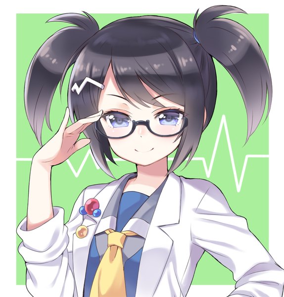 Anime picture 800x836 with pop'n music root@chou dou-ken shouni (sato3) single tall image short hair blue eyes black hair simple background smile twintails short twintails framed adjusting glasses girl hair ornament glasses hairclip labcoat