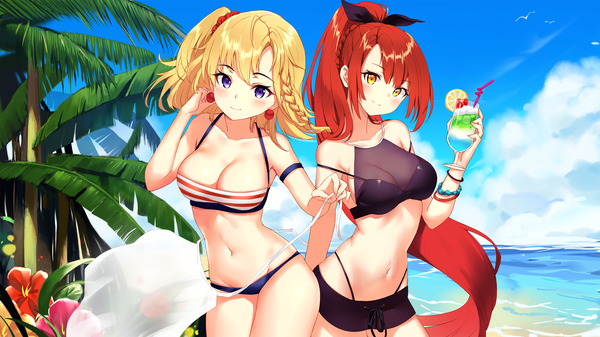 Anime picture 1920x1080 with original bai banca looking at viewer blush fringe highres short hair breasts light erotic blonde hair wide image large breasts purple eyes multiple girls holding sky cleavage cloud (clouds) outdoors ponytail