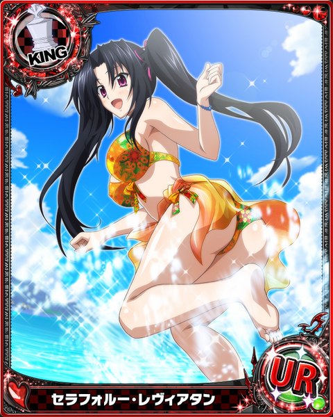 Anime picture 640x800 with highschool dxd serafall leviathan single long hair tall image looking at viewer blush breasts open mouth light erotic black hair purple eyes twintails sky cloud (clouds) card (medium) girl swimsuit bikini