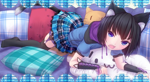 Anime picture 1980x1080 with original kuro neko mercy single blush fringe highres short hair open mouth blue eyes black hair wide image animal ears bent knee (knees) tail animal tail pleated skirt cat ears teeth cat girl cat tail