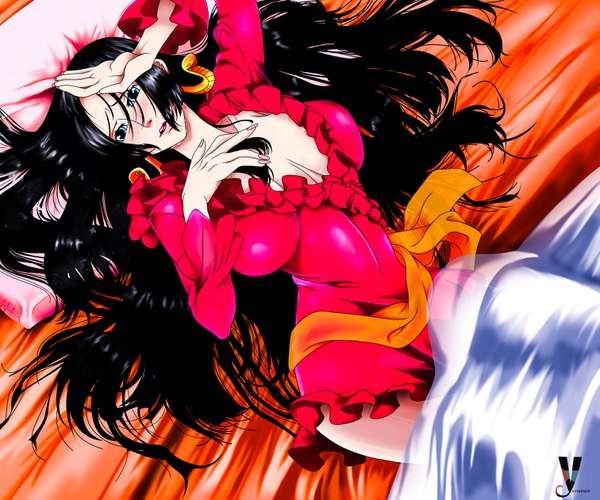 Anime picture 3024x2522 with one piece toei animation boa hancock yameta studio single long hair blush fringe highres breasts open mouth blue eyes light erotic black hair hair between eyes large breasts signed looking away absurdres lying