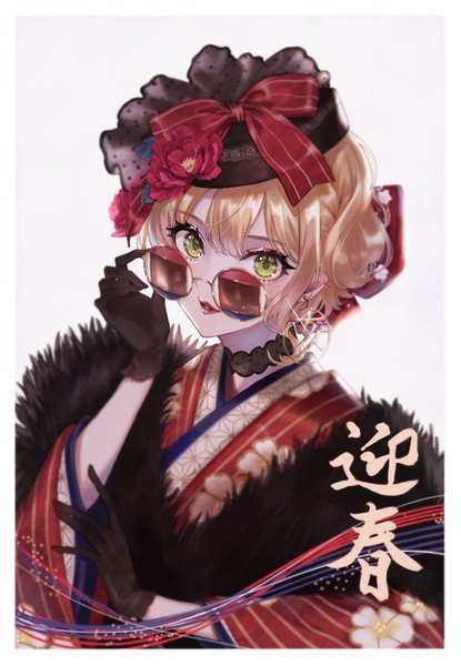 Anime picture 893x1291 with idolmaster idolmaster cinderella girls miyamoto frederica magako single tall image looking at viewer fringe short hair simple background blonde hair hair between eyes white background green eyes upper body traditional clothes parted lips japanese clothes lipstick floral print