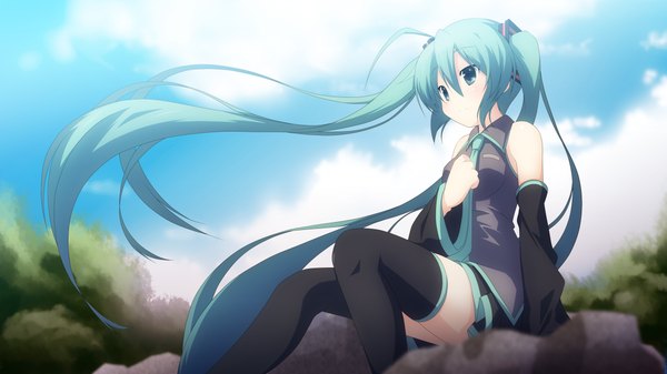 Anime picture 2222x1250 with vocaloid hatsune miku yuzuki kei single highres wide image sitting twintails bare shoulders very long hair aqua eyes aqua hair girl thighhighs skirt black thighhighs detached sleeves miniskirt necktie